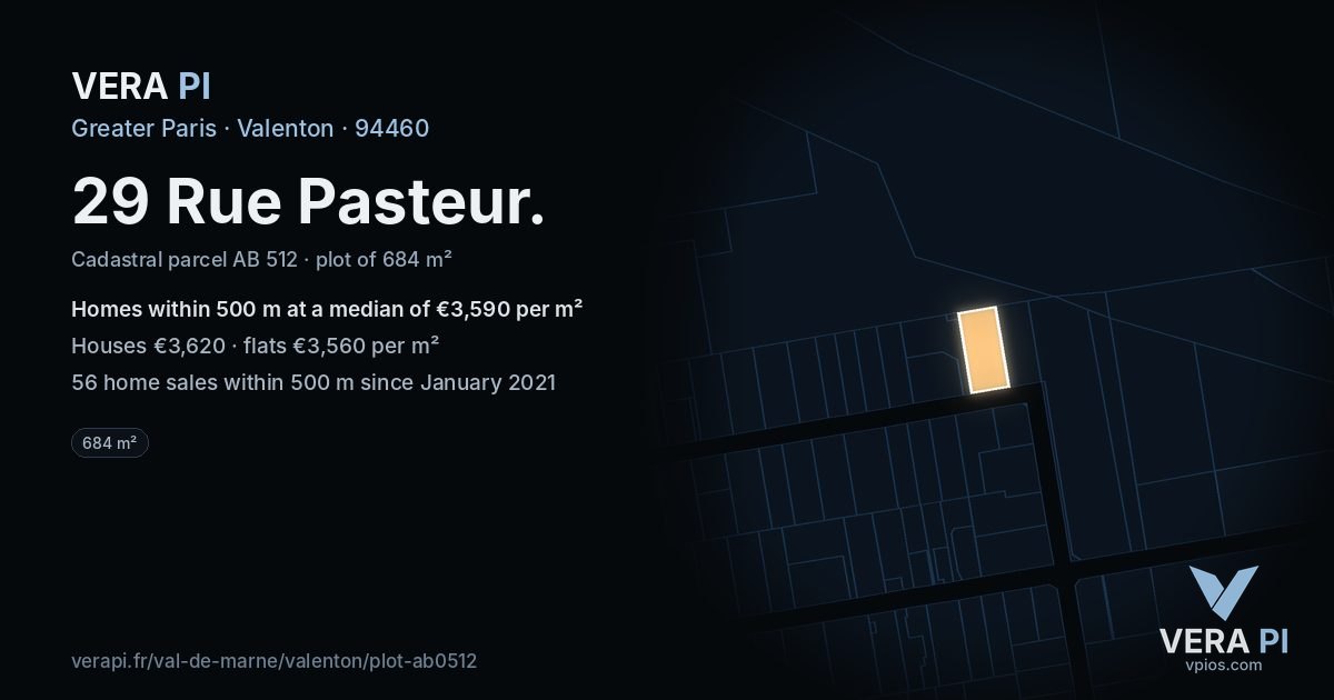 29 Rue Pasteur, Valenton at night – the plot lit, the parcels around coloured by the prices near them