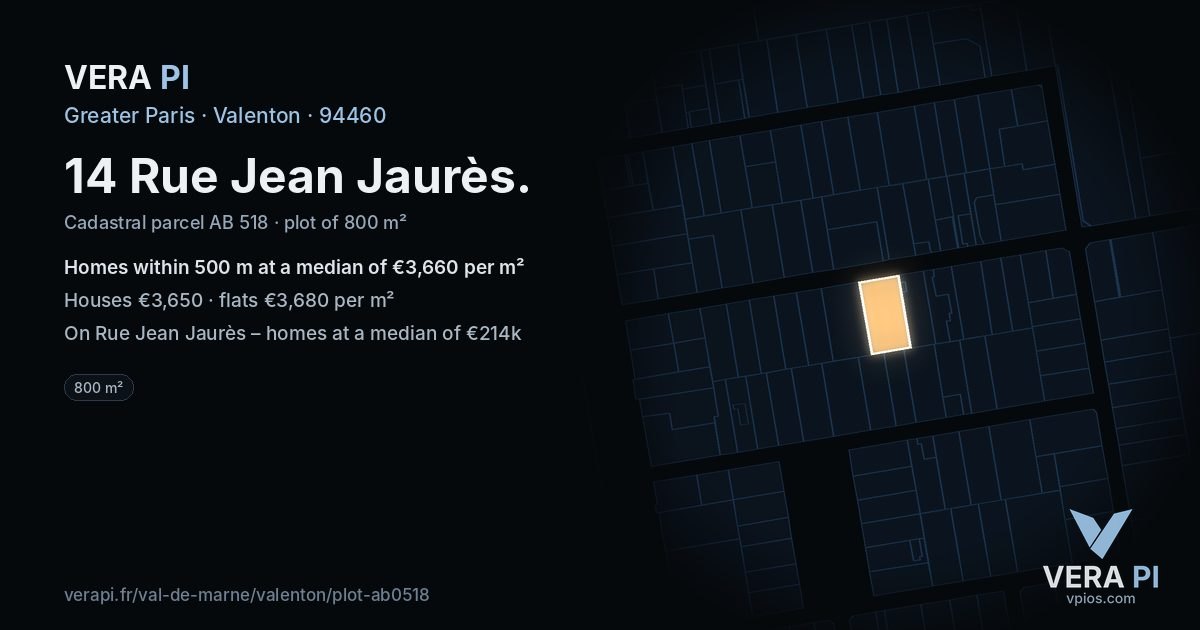 14 Rue Jean Jaurès, Valenton at night – the plot lit, the parcels around coloured by the prices near them