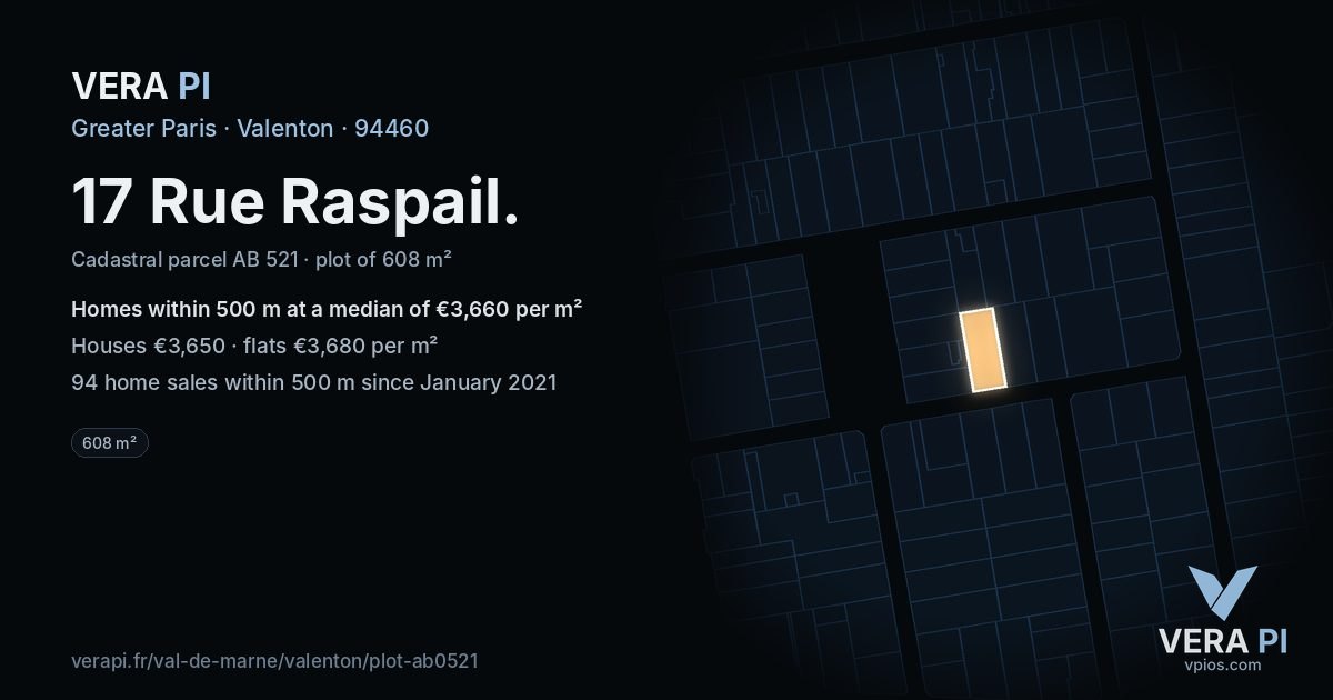 17 Rue Raspail, Valenton at night – the plot lit, the parcels around coloured by the prices near them