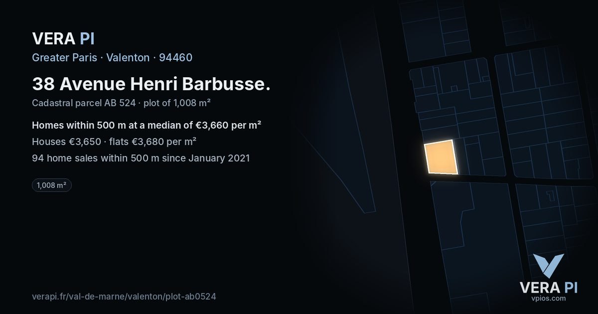 38 Avenue Henri Barbusse, Valenton at night – the plot lit, the parcels around coloured by the prices near them