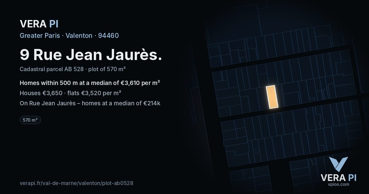 9 Rue Jean Jaurès, Valenton at night – the plot lit, the parcels around coloured by the prices near them