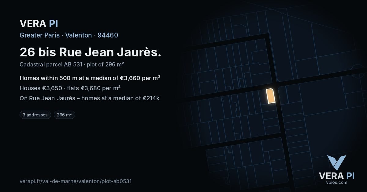 26 bis Rue Jean Jaurès, Valenton at night – the plot lit, the parcels around coloured by the prices near them