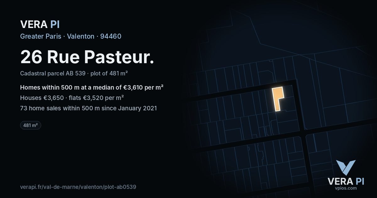 26 Rue Pasteur, Valenton at night – the plot lit, the parcels around coloured by the prices near them