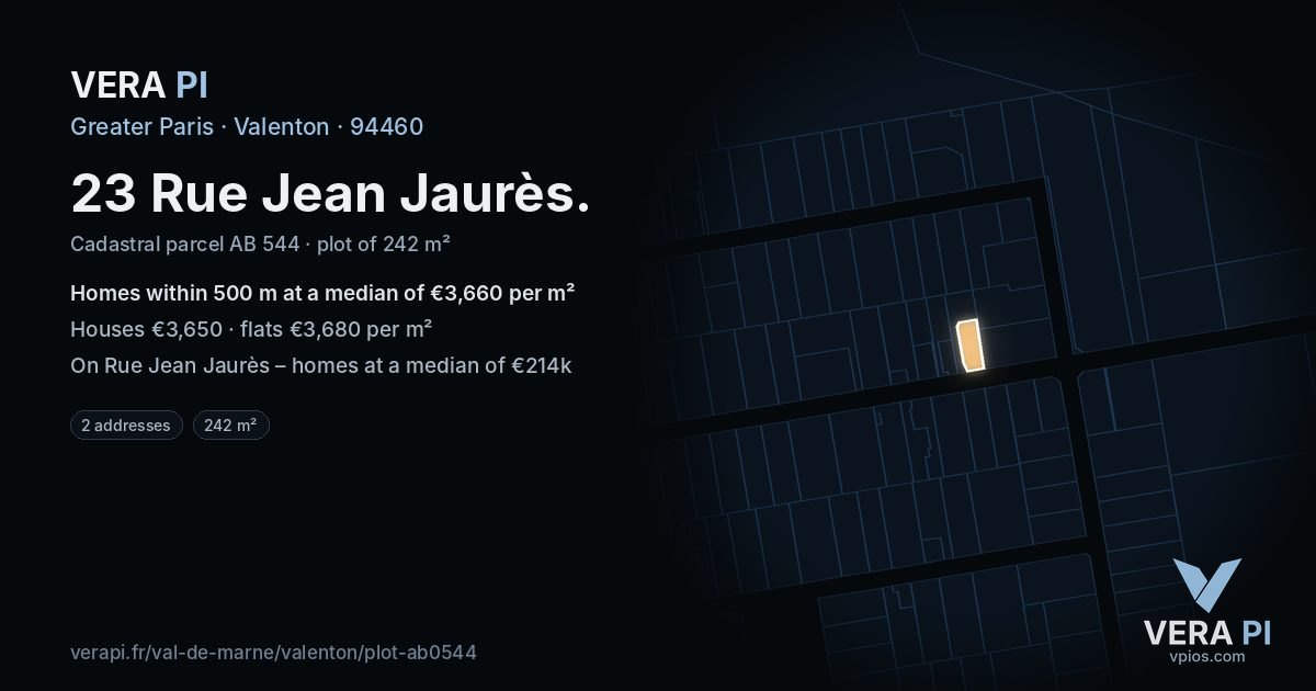 23 Rue Jean Jaurès, Valenton at night – the plot lit, the parcels around coloured by the prices near them
