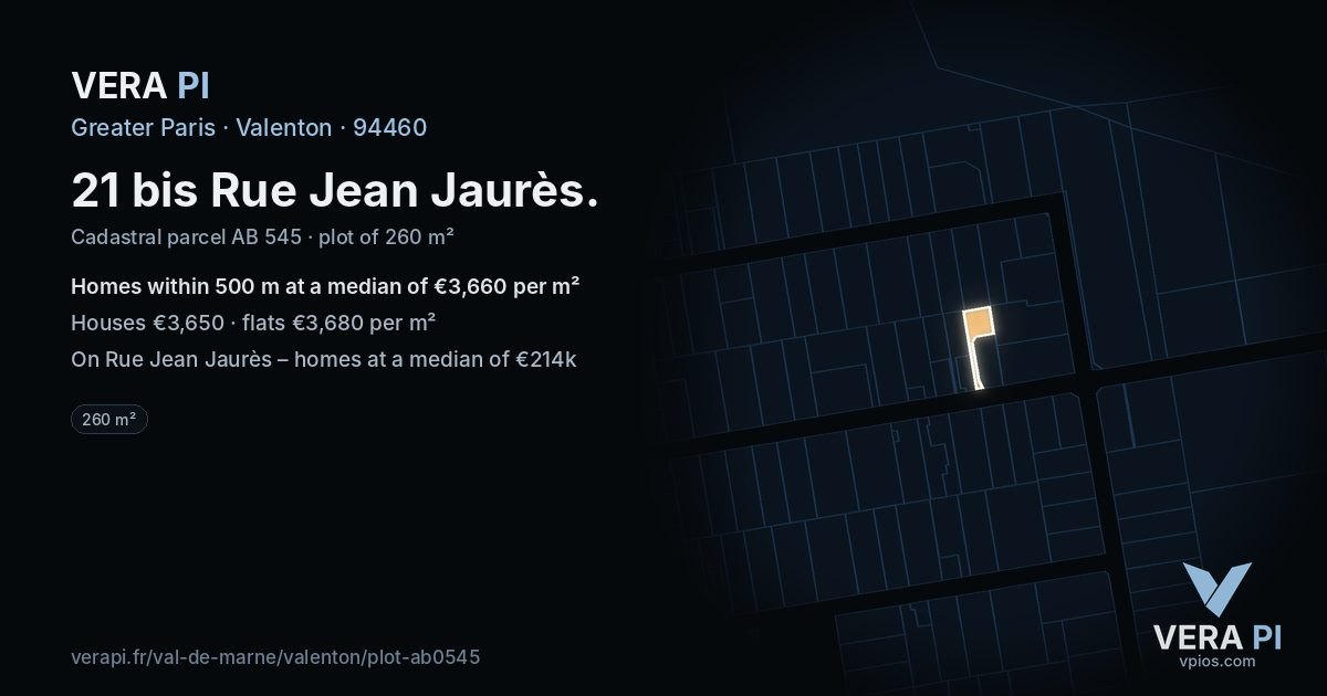 21 bis Rue Jean Jaurès, Valenton at night – the plot lit, the parcels around coloured by the prices near them