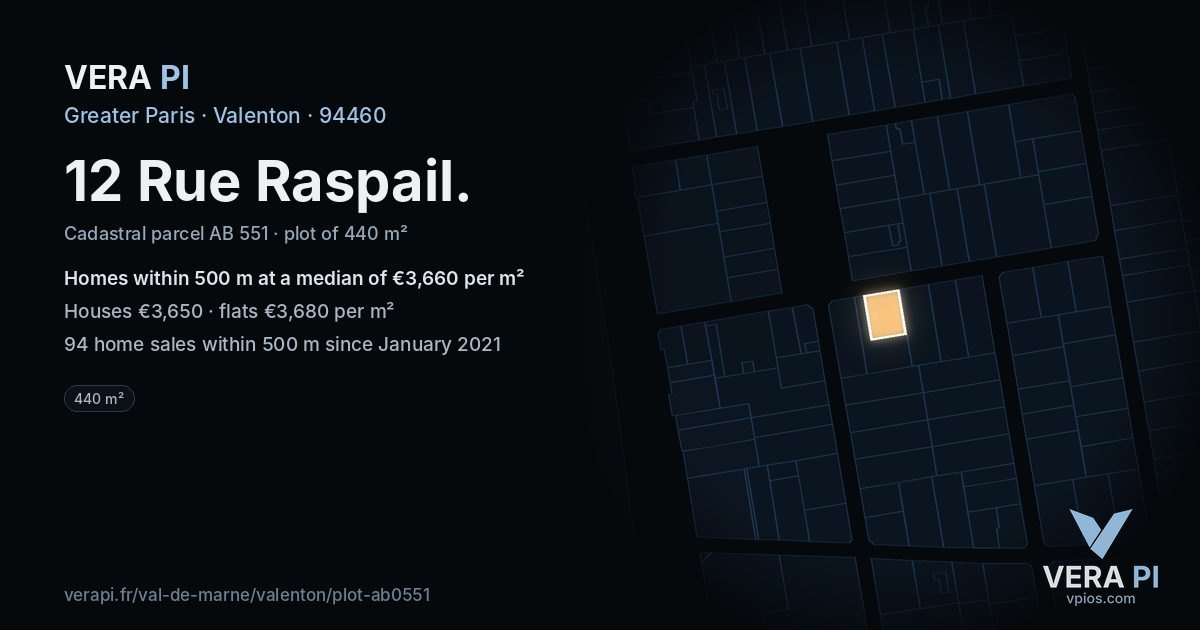 12 Rue Raspail, Valenton at night – the plot lit, the parcels around coloured by the prices near them