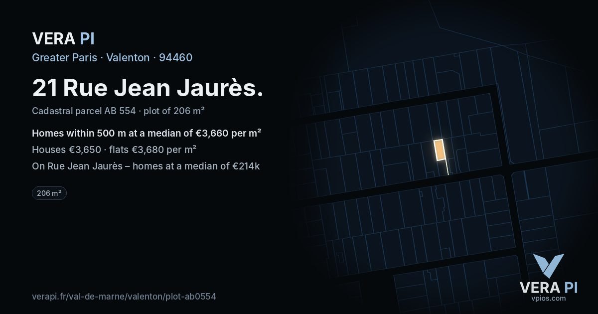 21 Rue Jean Jaurès, Valenton at night – the plot lit, the parcels around coloured by the prices near them