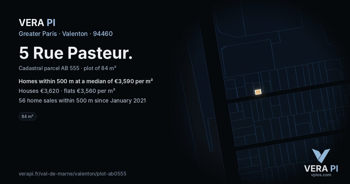 5 Rue Pasteur, Valenton at night – the plot lit, the parcels around coloured by the prices near them