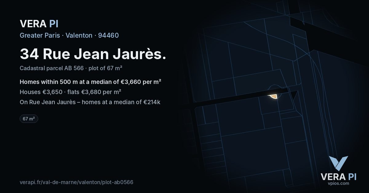 34 Rue Jean Jaurès, Valenton at night – the plot lit, the parcels around coloured by the prices near them