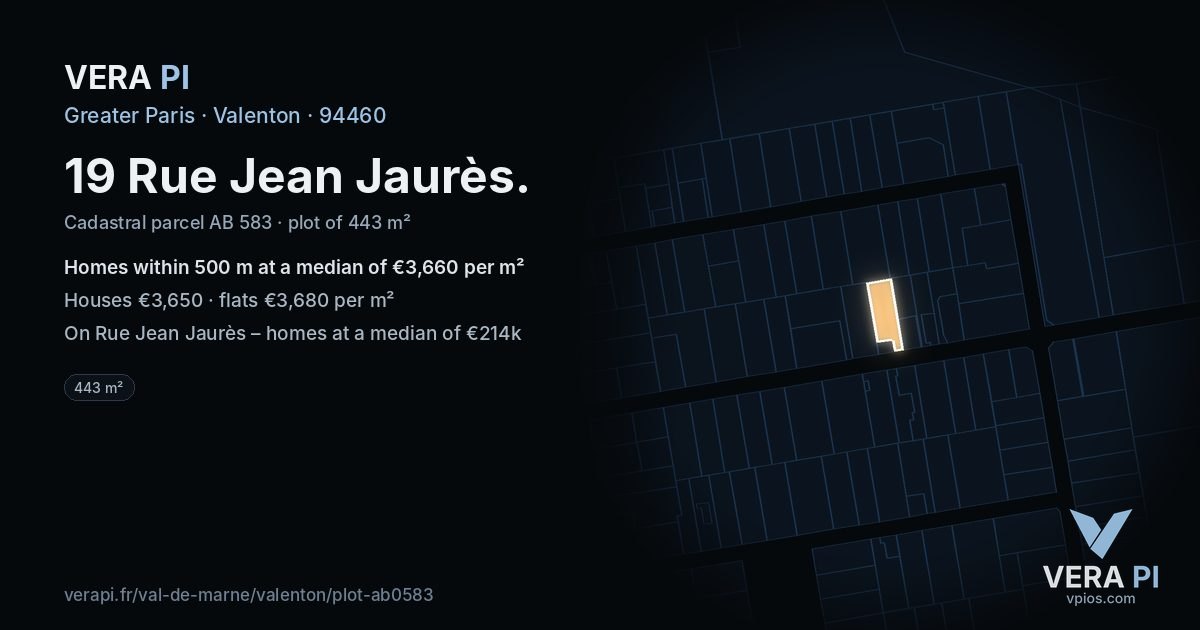 19 Rue Jean Jaurès, Valenton at night – the plot lit, the parcels around coloured by the prices near them