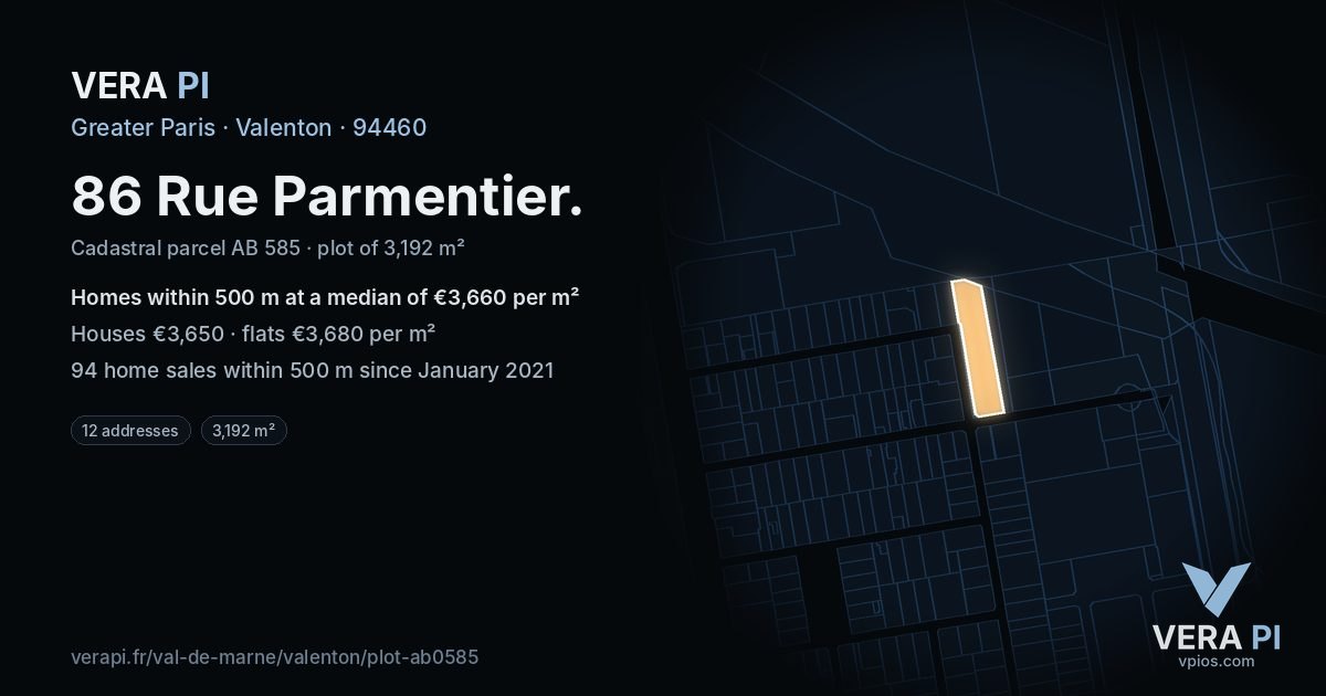 86 Rue Parmentier, Valenton at night – the plot lit, the parcels around coloured by the prices near them