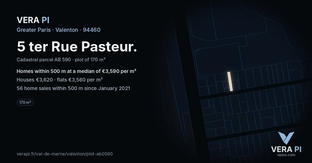 5 ter Rue Pasteur, Valenton at night – the plot lit, the parcels around coloured by the prices near them