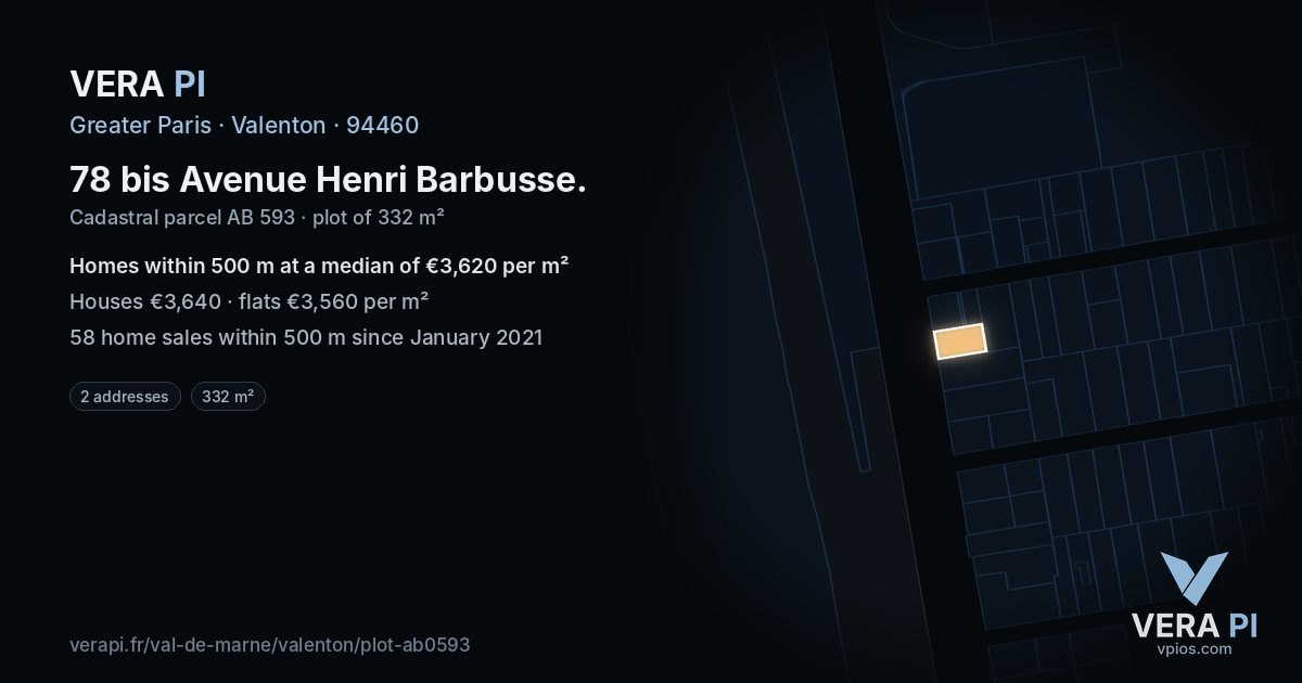 78 bis Avenue Henri Barbusse, Valenton at night – the plot lit, the parcels around coloured by the prices near them