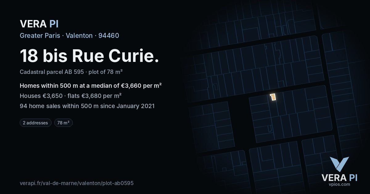 18 bis Rue Curie, Valenton at night – the plot lit, the parcels around coloured by the prices near them