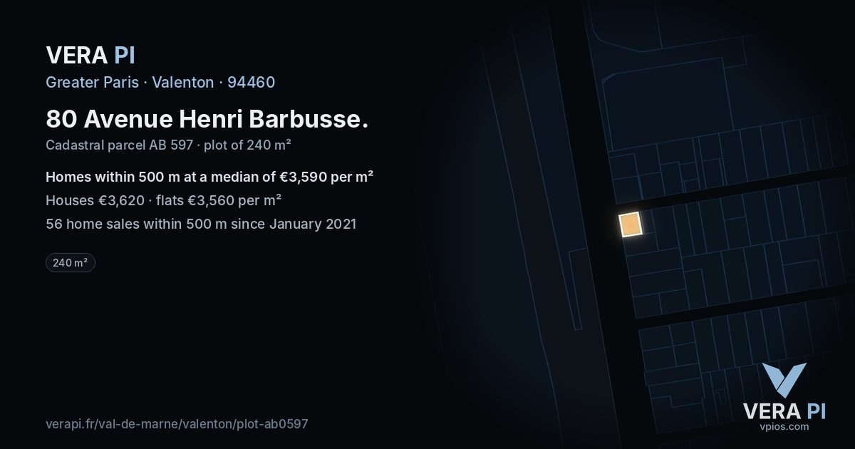 80 Avenue Henri Barbusse, Valenton at night – the plot lit, the parcels around coloured by the prices near them