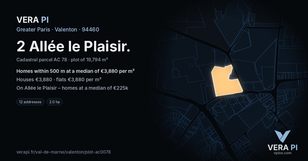 2 Allée le Plaisir, Valenton at night – the plot lit, the parcels around coloured by the prices near them