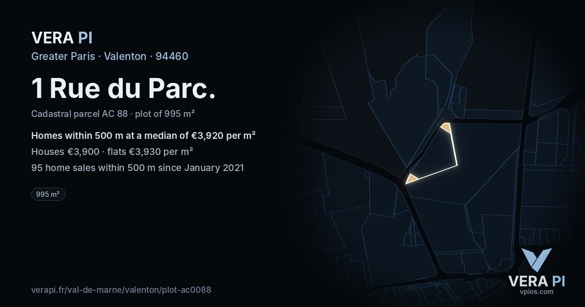 1 Rue du Parc, Valenton at night – the plot lit, the parcels around coloured by the prices near them