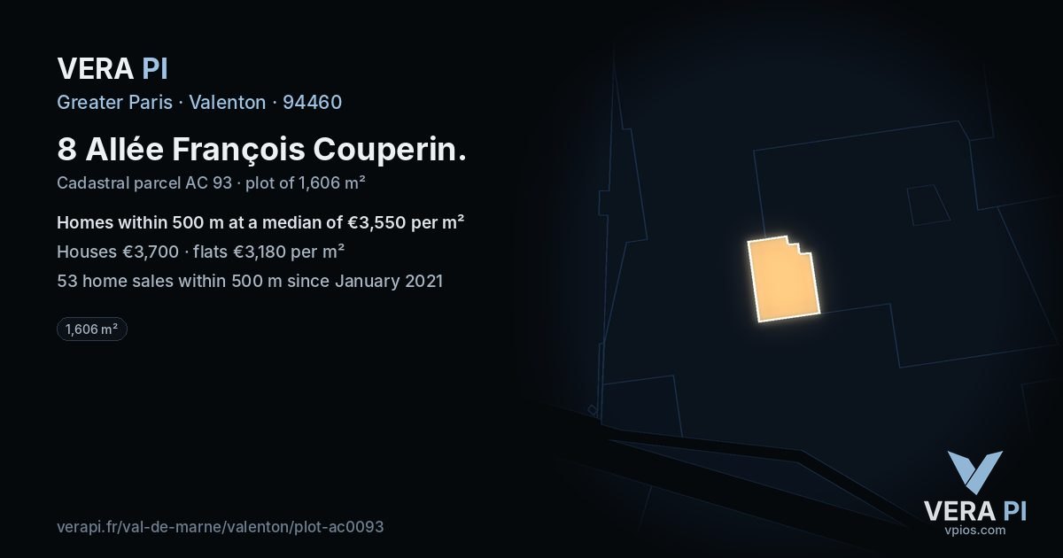 8 Allée François Couperin, Valenton at night – the plot lit, the parcels around coloured by the prices near them