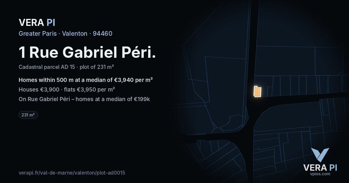 1 Rue Gabriel Péri, Valenton at night – the plot lit, the parcels around coloured by the prices near them