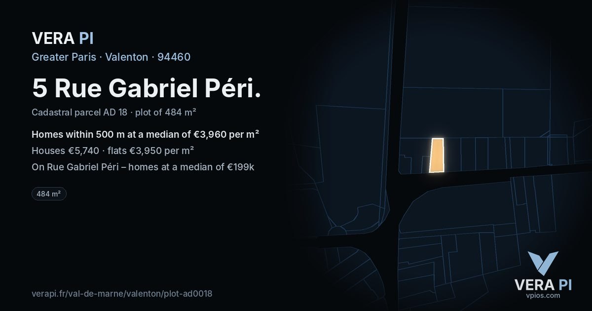 5 Rue Gabriel Péri, Valenton at night – the plot lit, the parcels around coloured by the prices near them