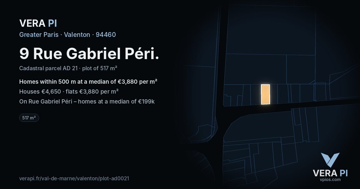 9 Rue Gabriel Péri, Valenton at night – the plot lit, the parcels around coloured by the prices near them