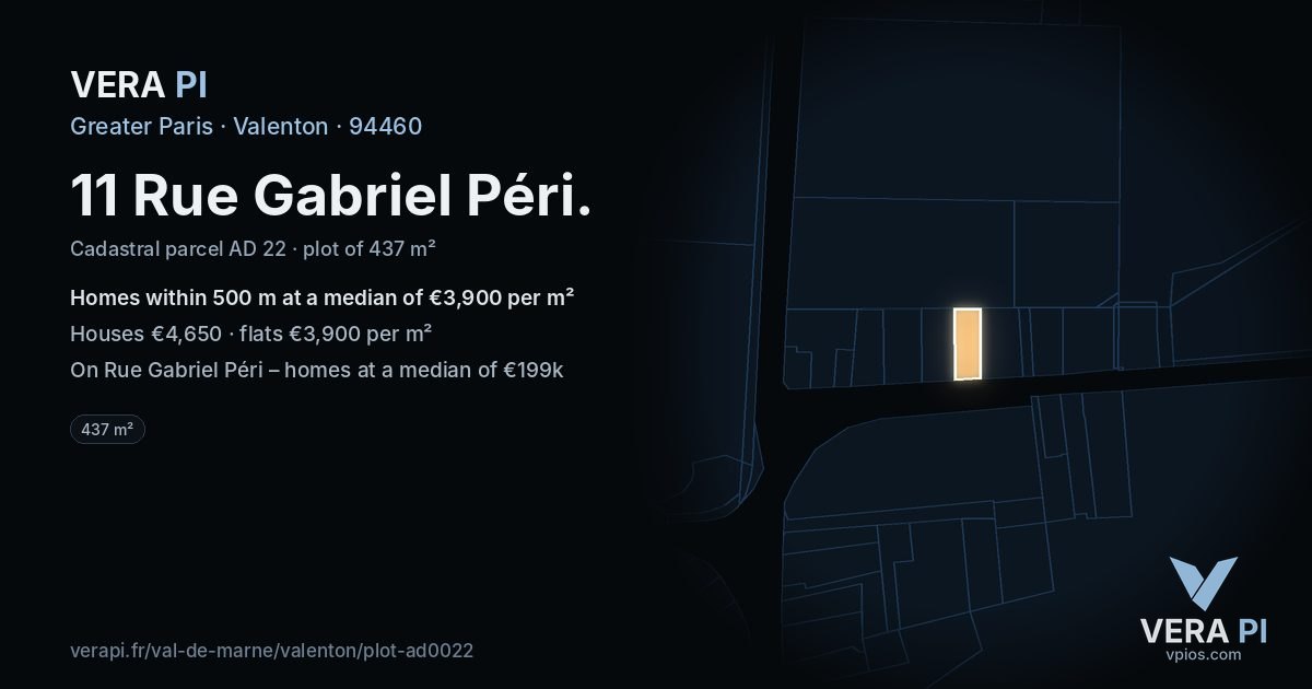 11 Rue Gabriel Péri, Valenton at night – the plot lit, the parcels around coloured by the prices near them