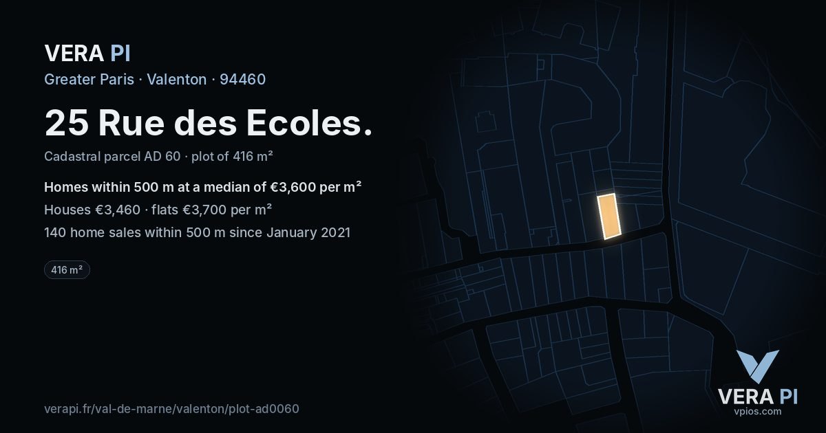 25 Rue des Ecoles, Valenton at night – the plot lit, the parcels around coloured by the prices near them