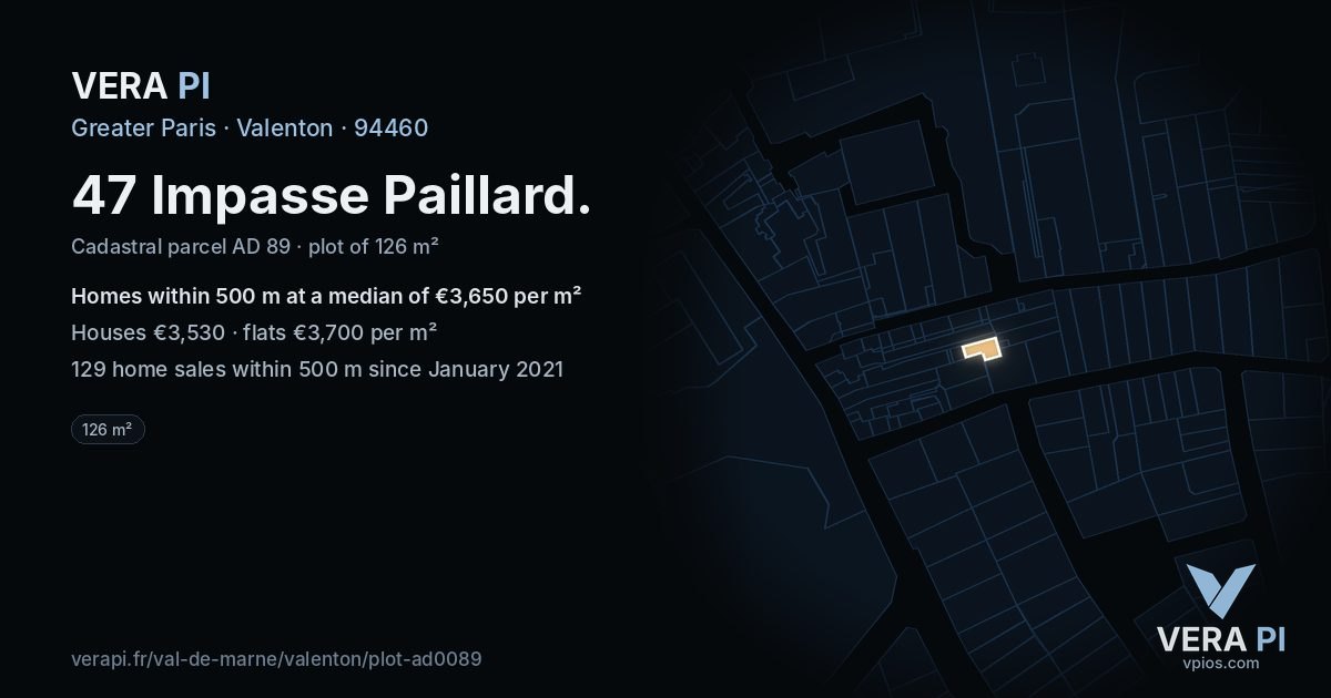47 Impasse Paillard, Valenton at night – the plot lit, the parcels around coloured by the prices near them