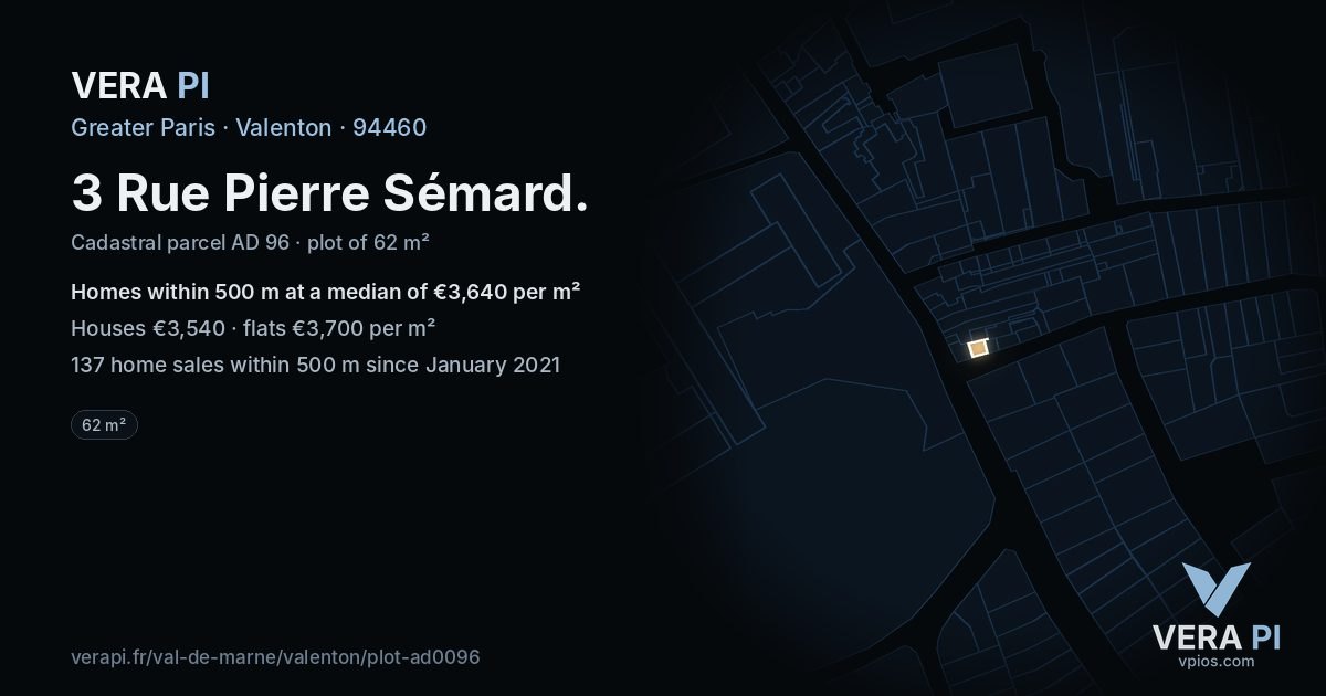 3 Rue Pierre Sémard, Valenton at night – the plot lit, the parcels around coloured by the prices near them