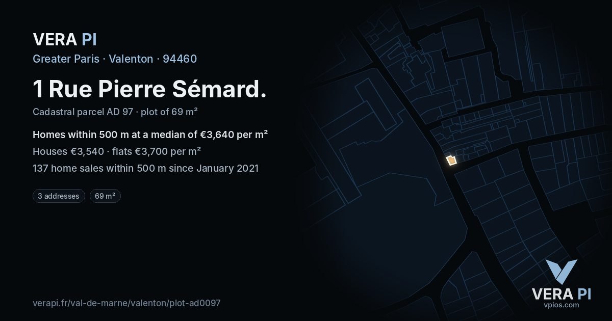 1 Rue Pierre Sémard, Valenton at night – the plot lit, the parcels around coloured by the prices near them