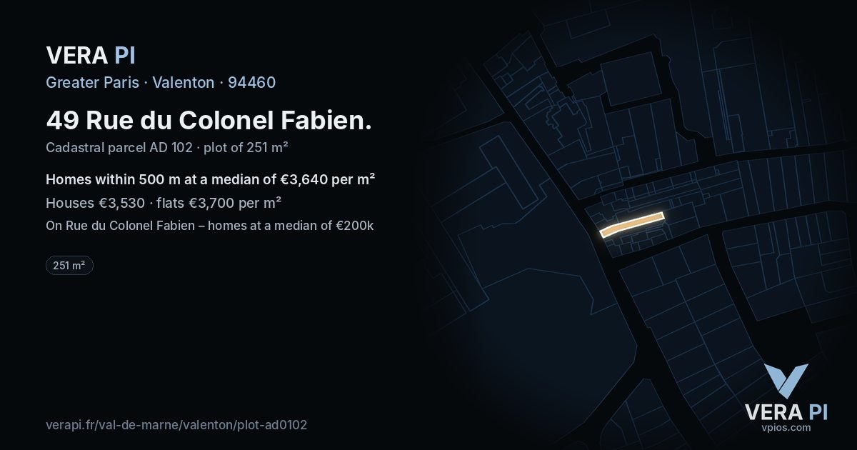 49 Rue du Colonel Fabien, Valenton at night – the plot lit, the parcels around coloured by the prices near them
