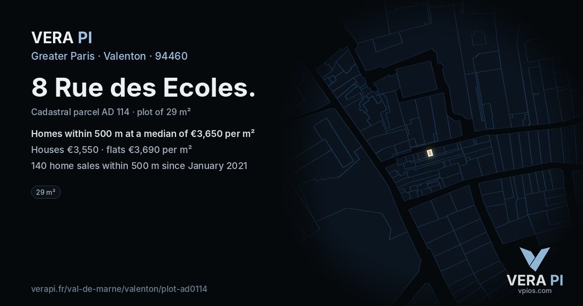 8 Rue des Ecoles, Valenton at night – the plot lit, the parcels around coloured by the prices near them