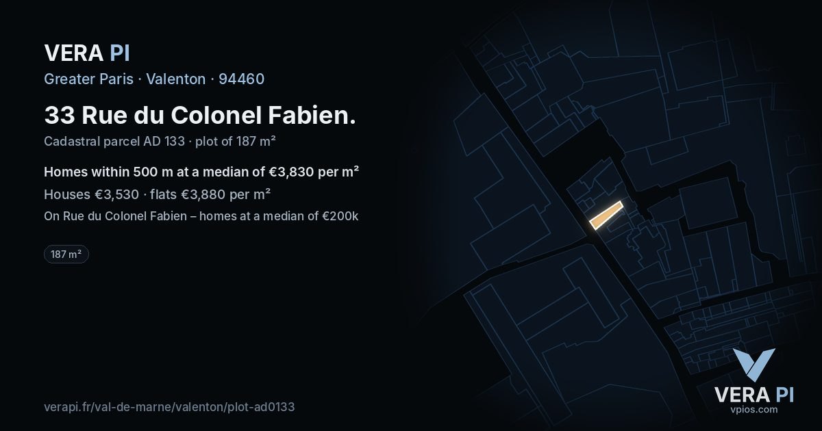 33 Rue du Colonel Fabien, Valenton at night – the plot lit, the parcels around coloured by the prices near them
