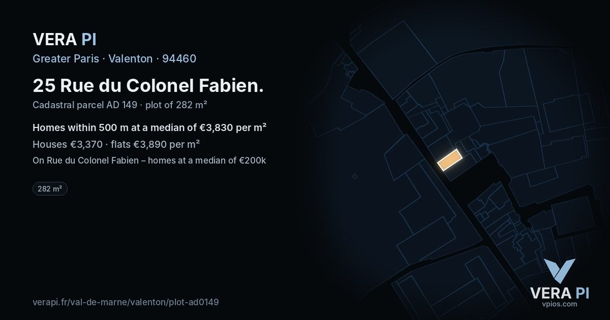 25 Rue du Colonel Fabien, Valenton at night – the plot lit, the parcels around coloured by the prices near them