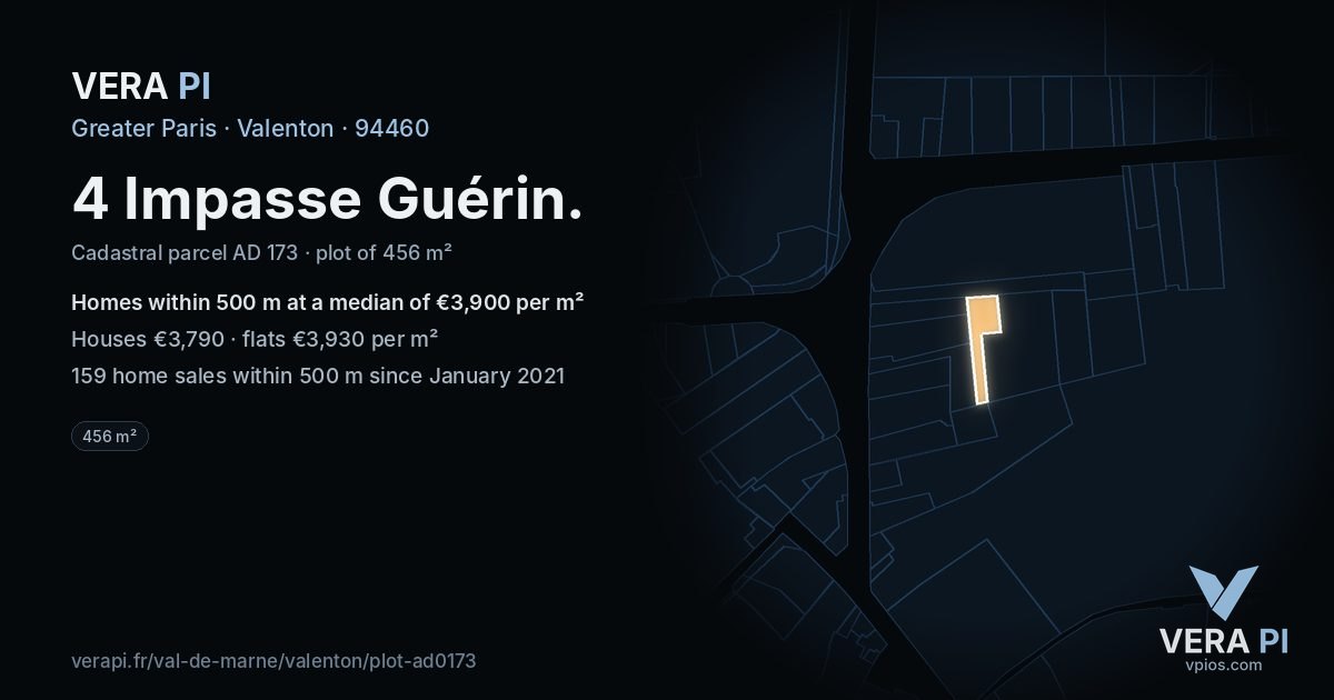 4 Impasse Guérin, Valenton at night – the plot lit, the parcels around coloured by the prices near them