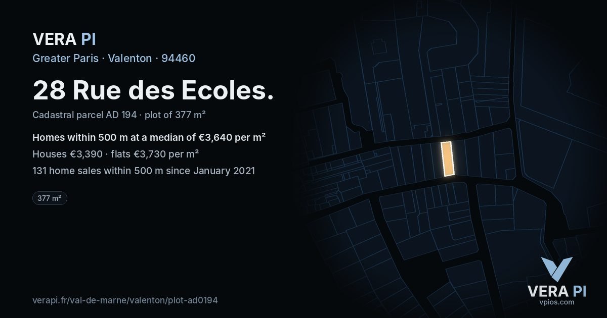 28 Rue des Ecoles, Valenton at night – the plot lit, the parcels around coloured by the prices near them