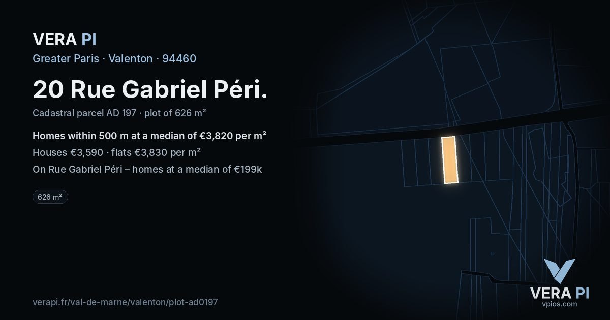 20 Rue Gabriel Péri, Valenton at night – the plot lit, the parcels around coloured by the prices near them