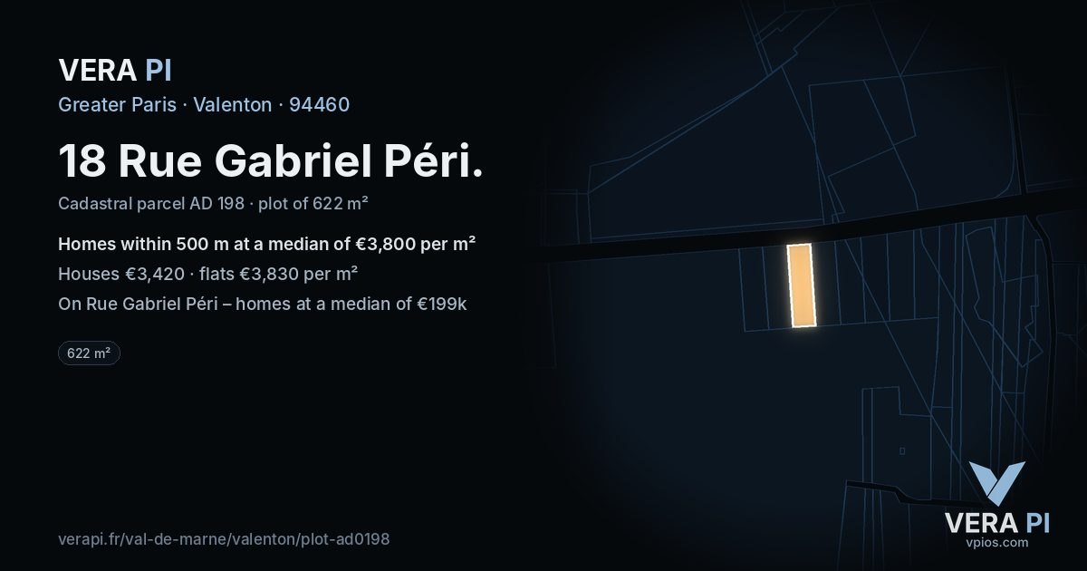 18 Rue Gabriel Péri, Valenton at night – the plot lit, the parcels around coloured by the prices near them