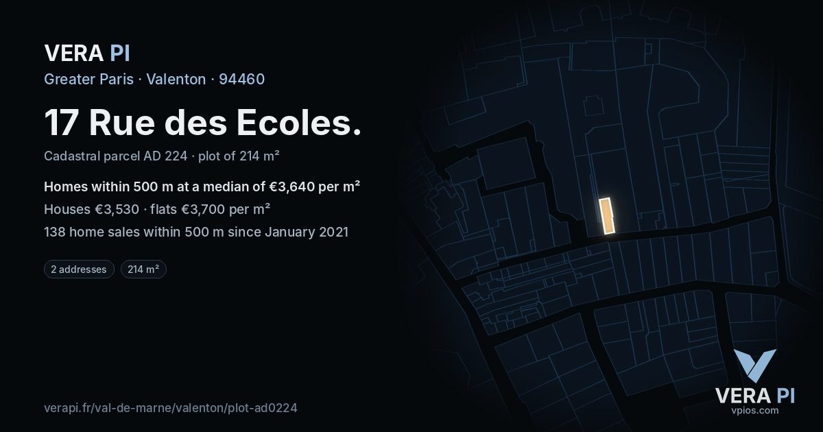 17 Rue des Ecoles, Valenton at night – the plot lit, the parcels around coloured by the prices near them