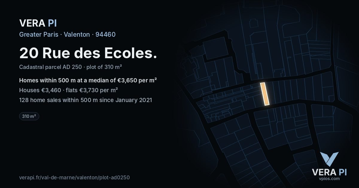 20 Rue des Ecoles, Valenton at night – the plot lit, the parcels around coloured by the prices near them