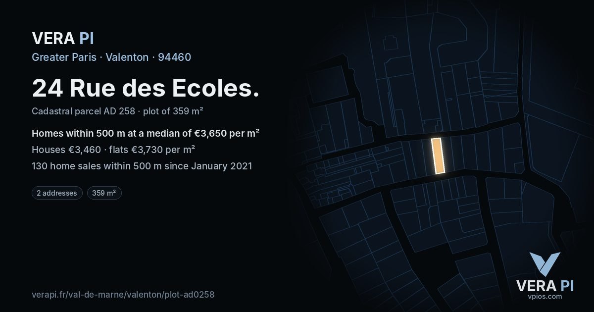 24 Rue des Ecoles, Valenton at night – the plot lit, the parcels around coloured by the prices near them