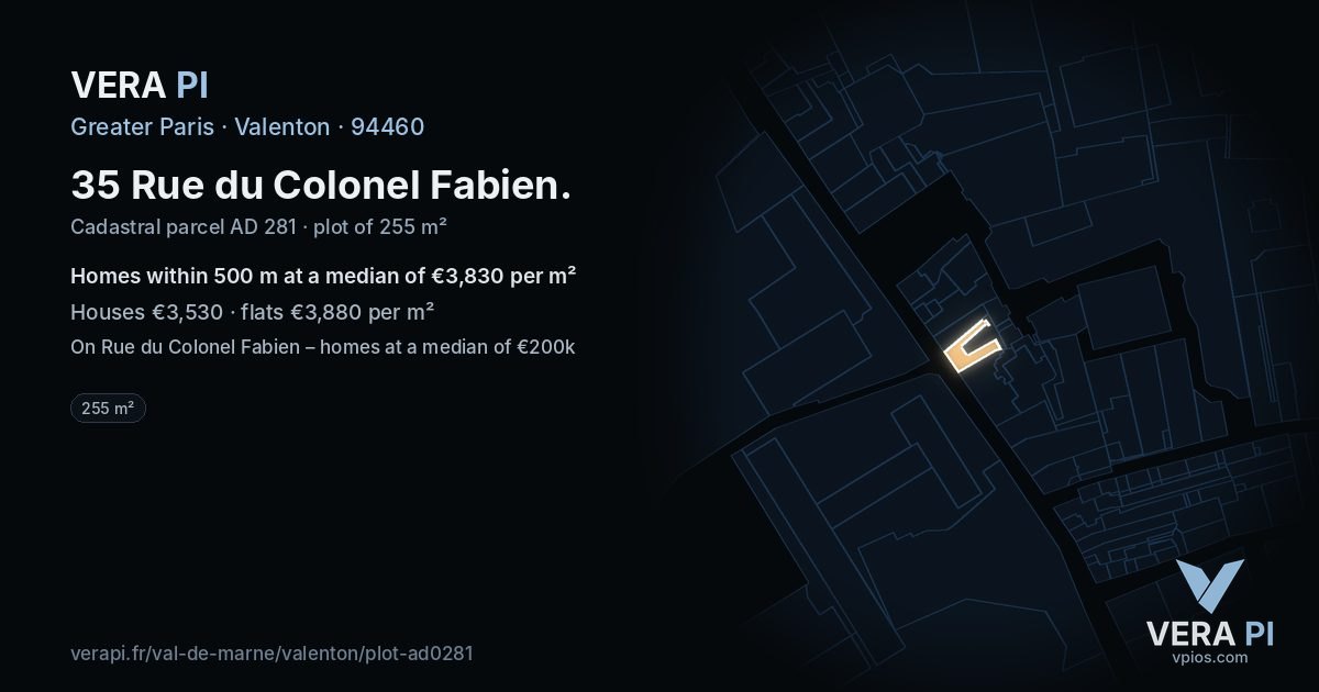 35 Rue du Colonel Fabien, Valenton at night – the plot lit, the parcels around coloured by the prices near them