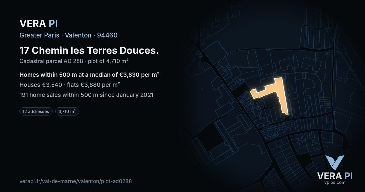 17 Chemin les Terres Douces, Valenton at night – the plot lit, the parcels around coloured by the prices near them