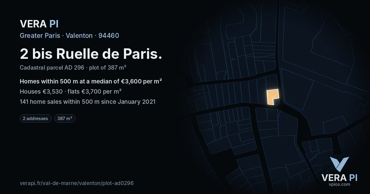 2 bis Ruelle de Paris, Valenton at night – the plot lit, the parcels around coloured by the prices near them