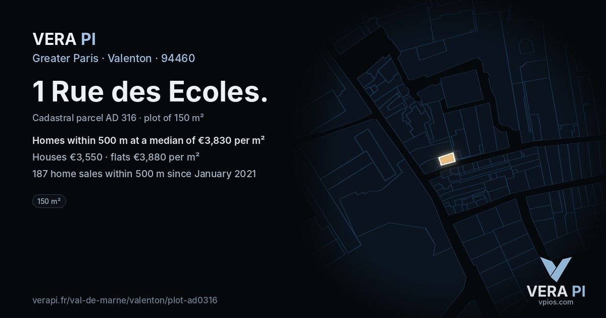 1 Rue des Ecoles, Valenton at night – the plot lit, the parcels around coloured by the prices near them