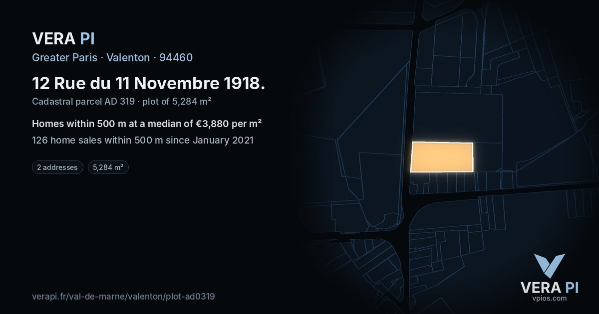 12 Rue du 11 Novembre 1918, Valenton at night – the plot lit, the parcels around coloured by the prices near them