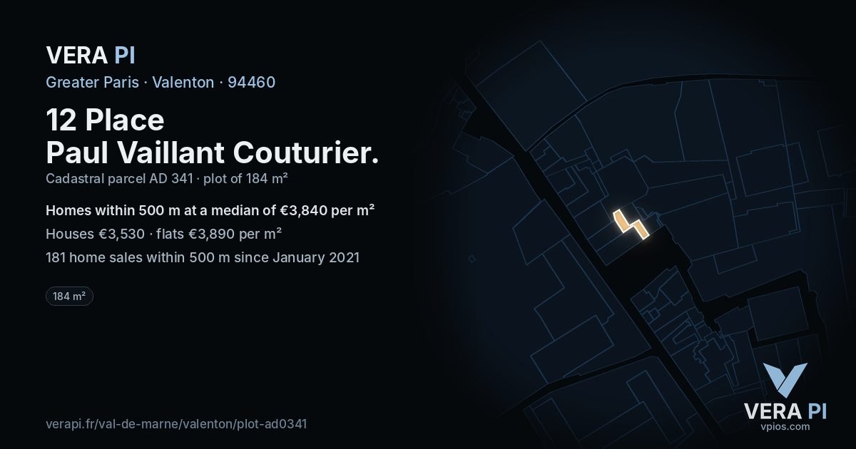 12 Place Paul Vaillant Couturier, Valenton at night – the plot lit, the parcels around coloured by the prices near them