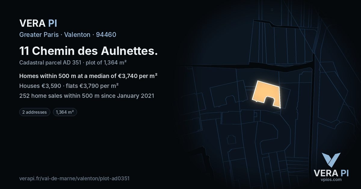 11 Chemin des Aulnettes, Valenton at night – the plot lit, the parcels around coloured by the prices near them