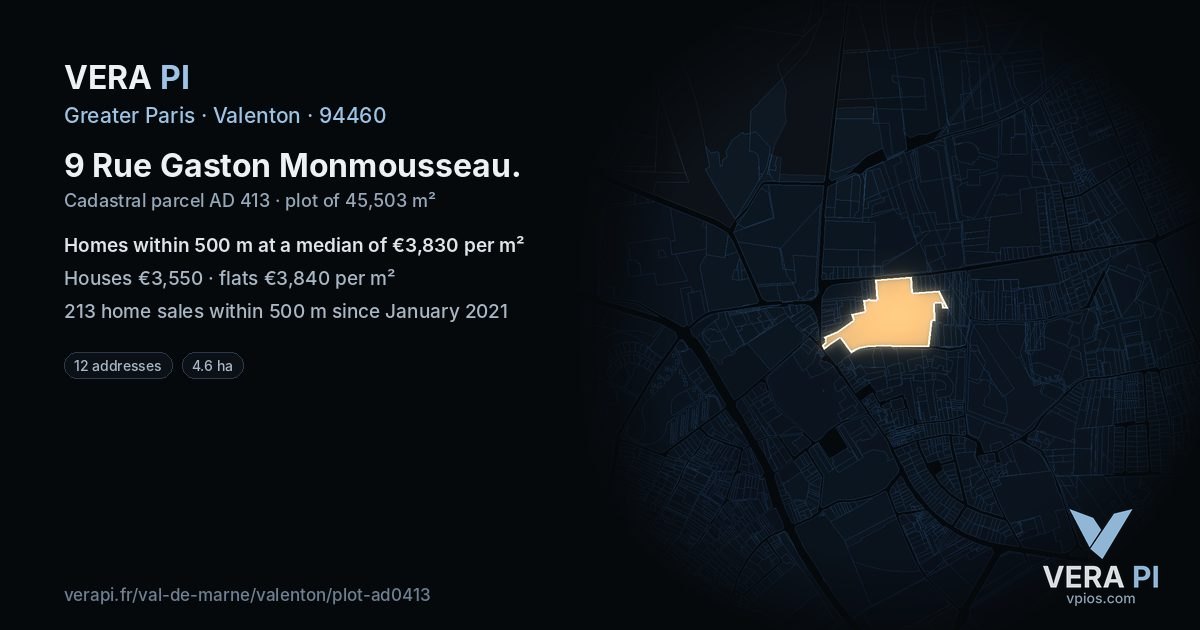 9 Rue Gaston Monmousseau, Valenton at night – the plot lit, the parcels around coloured by the prices near them