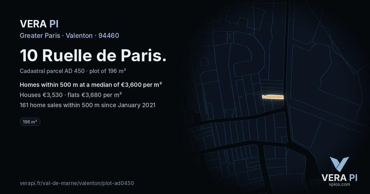 10 Ruelle de Paris, Valenton at night – the plot lit, the parcels around coloured by the prices near them